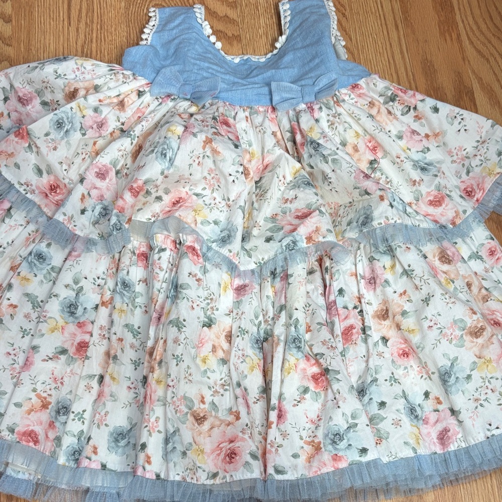 Floral Ruffle Dress with Blue Accents